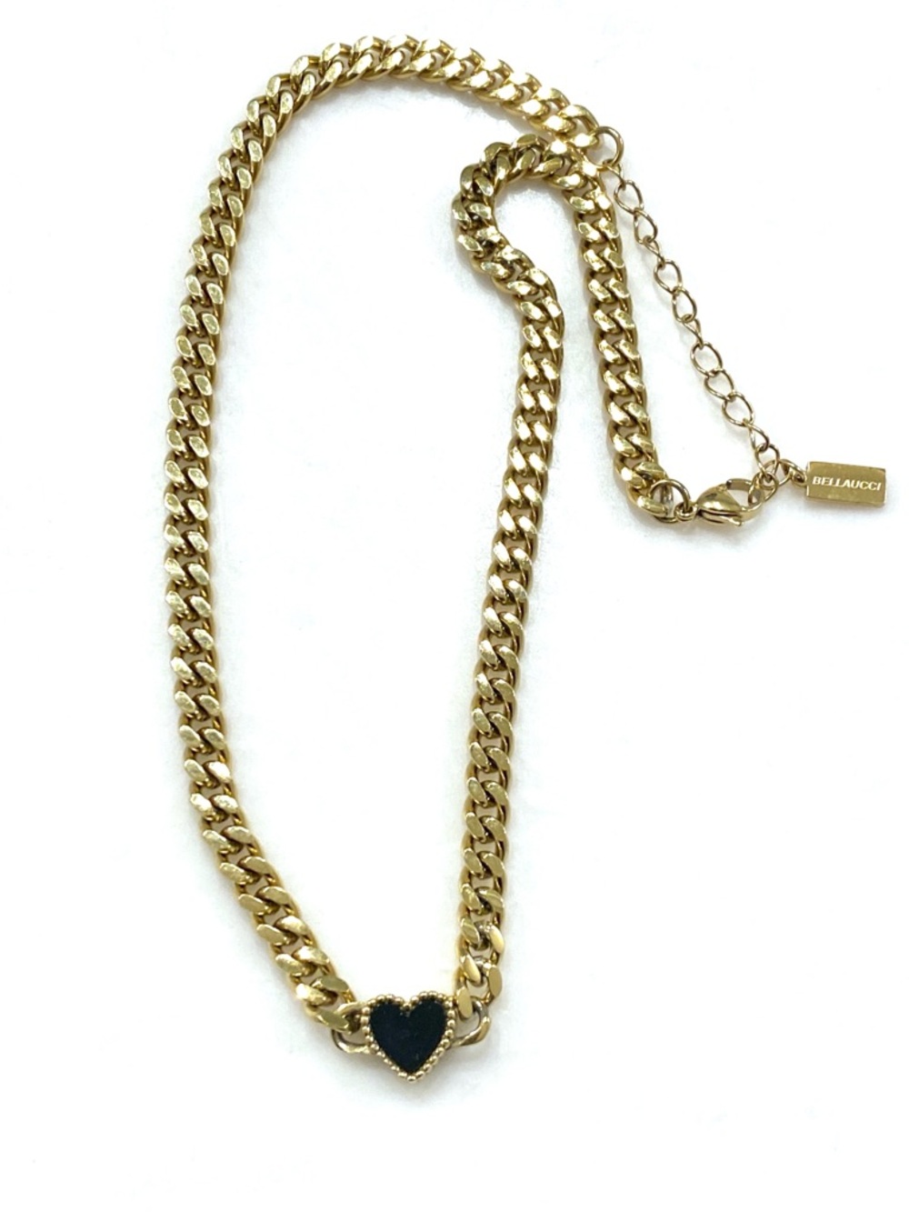 Gold Plated Stainless Steel Chain Necklace with Black Heart Charm